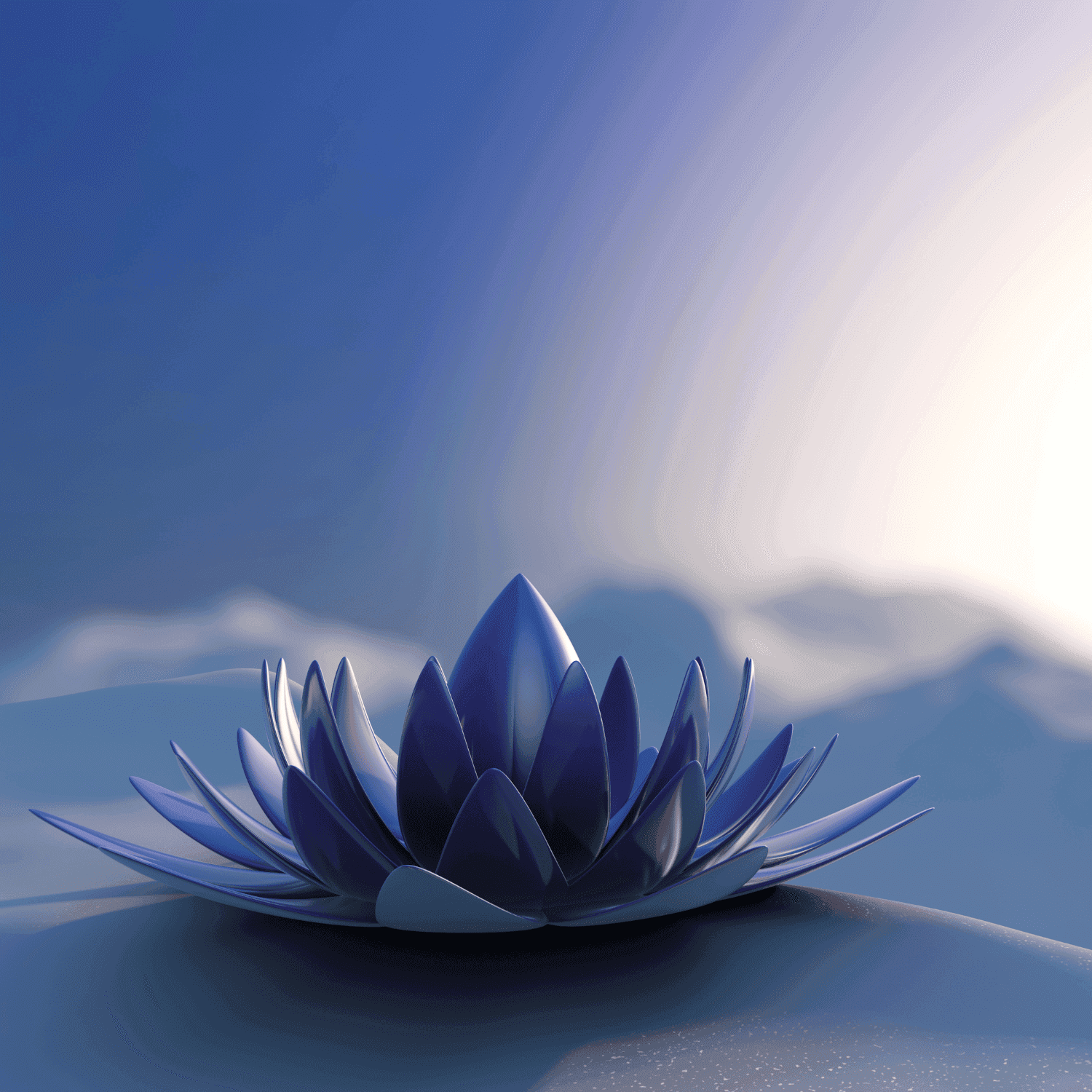 A serene blue lotus flower on a reflective, tranquil surface against a blurred background.