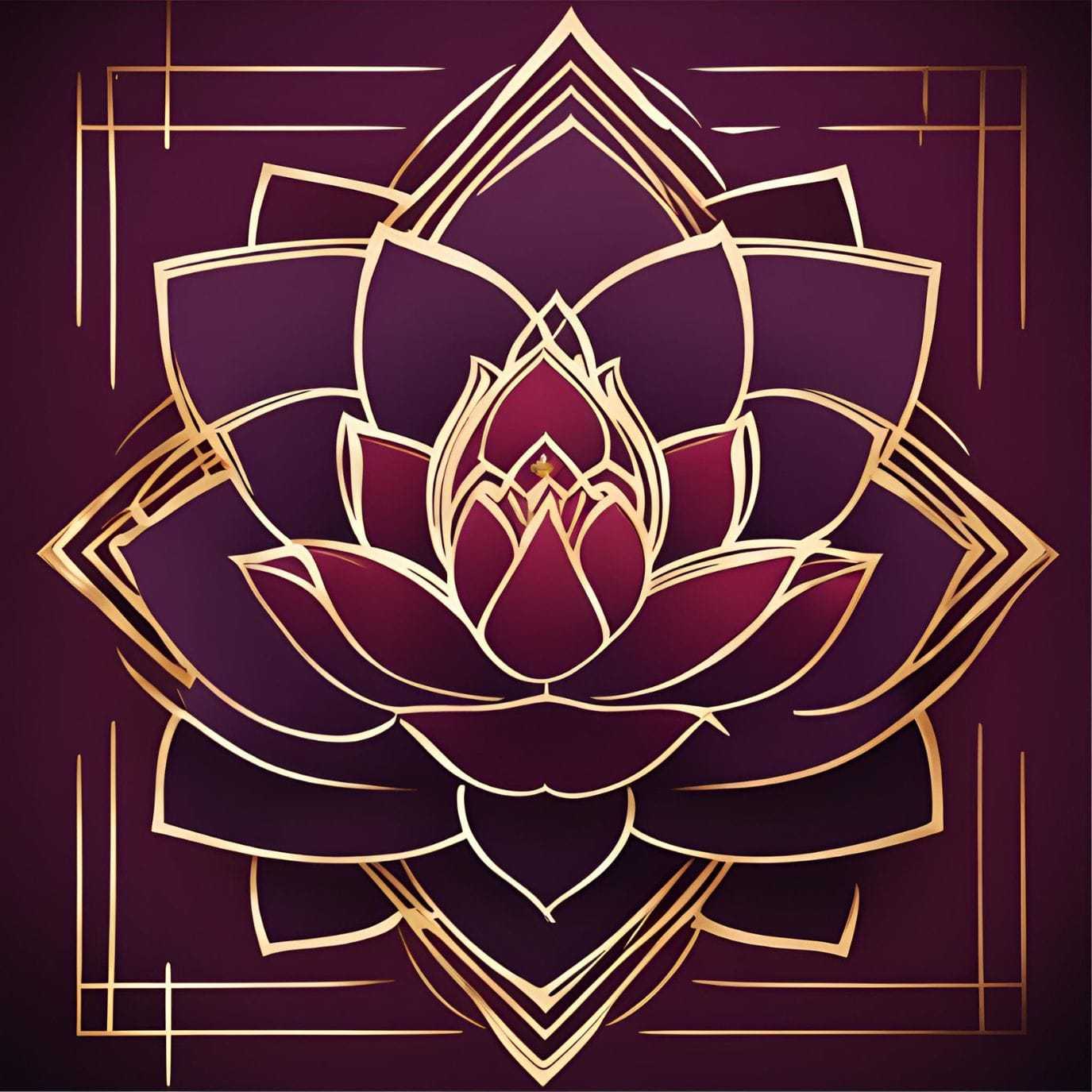 Golden lotus flower illustration on a burgundy background with geometric patterns.
