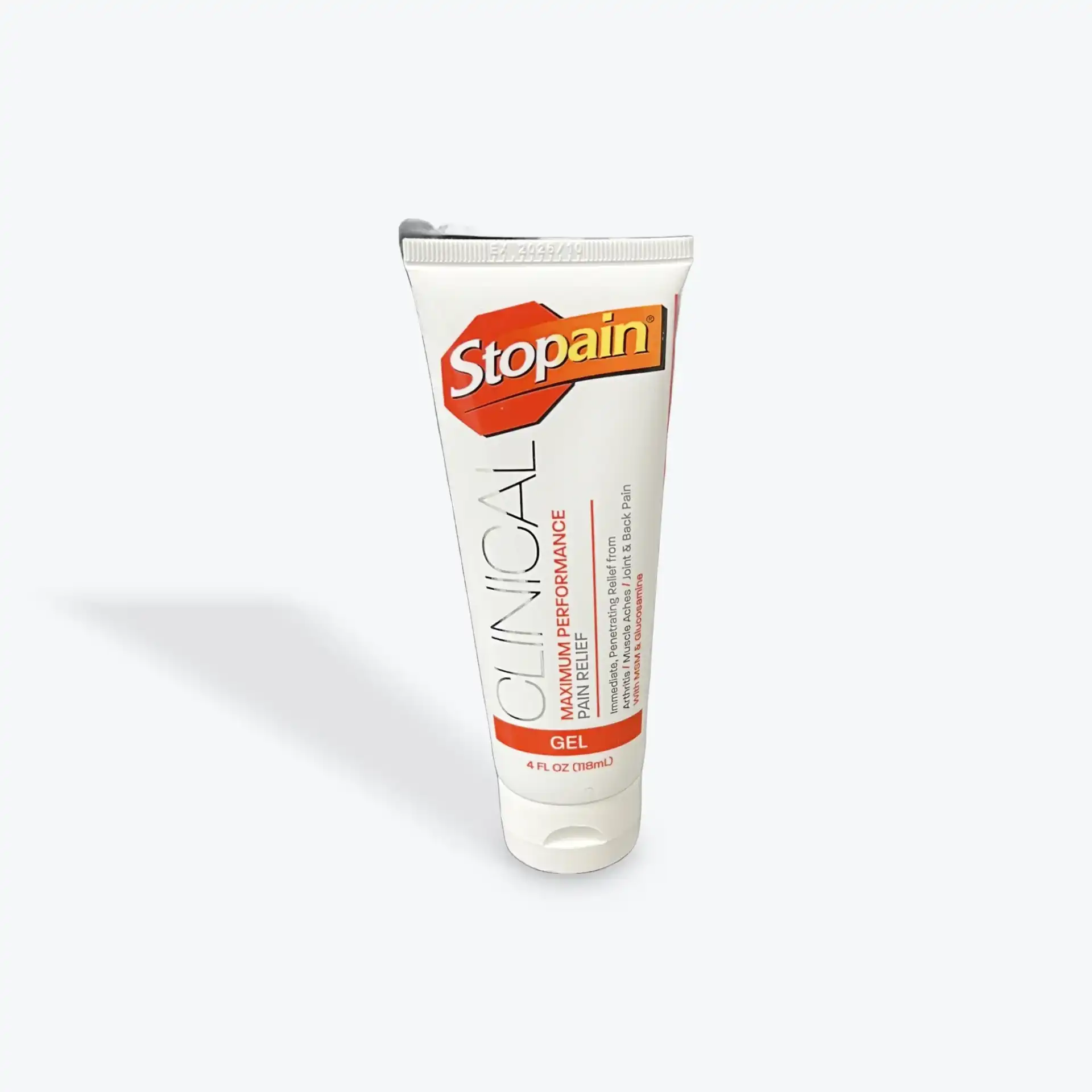 A tube of Stopain Clinical pain relief gel on a white background.
