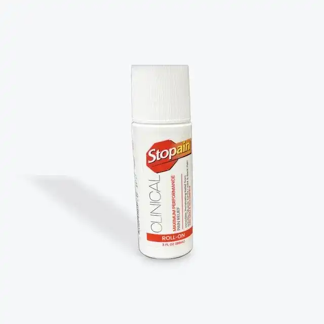 A bottle of Stopain roll-on pain reliever against a white background.