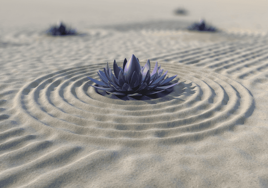 Purple lotus flower with ripples spreading on sand.