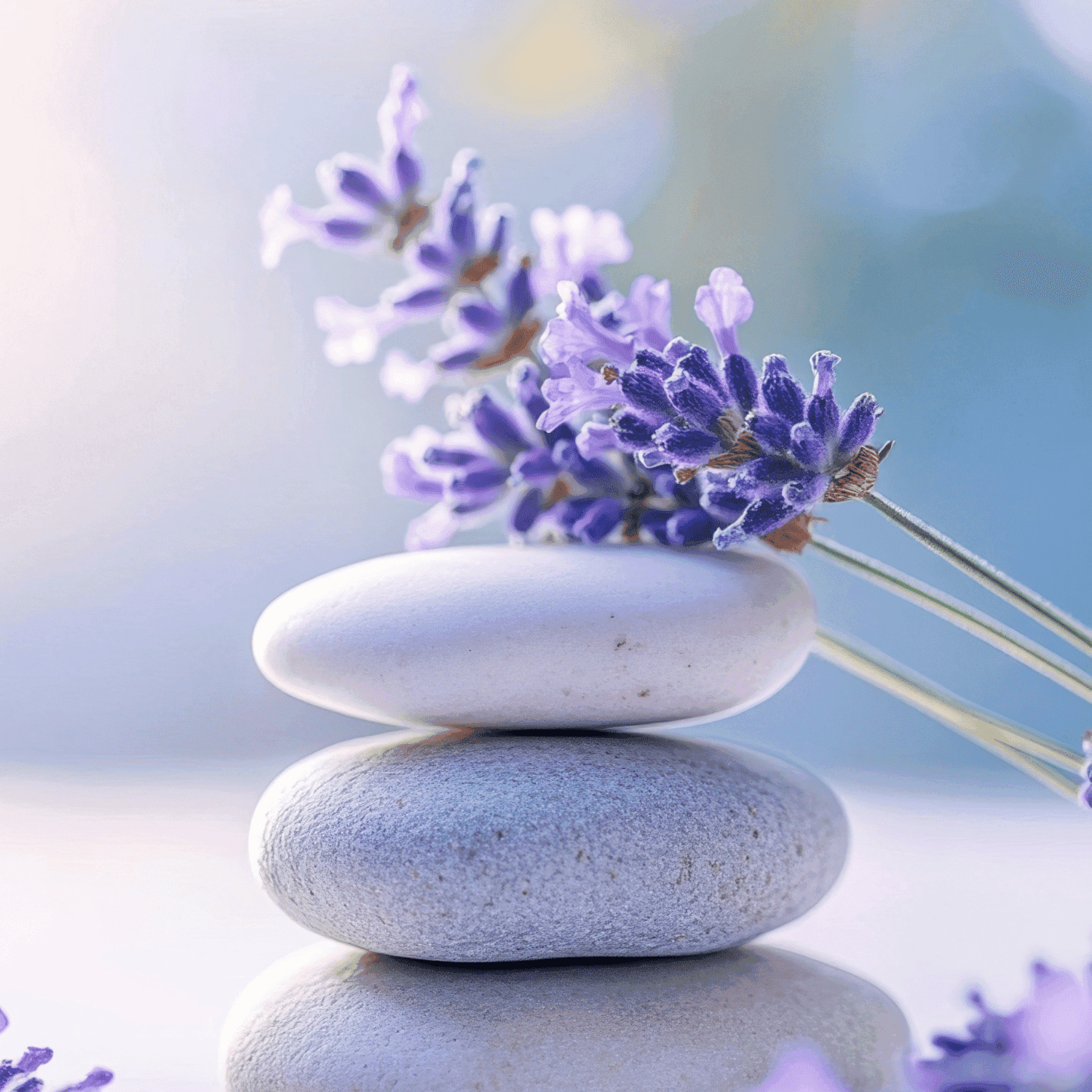 Stacked stones with lavender flowers, creating a serene, balanced atmosphere.