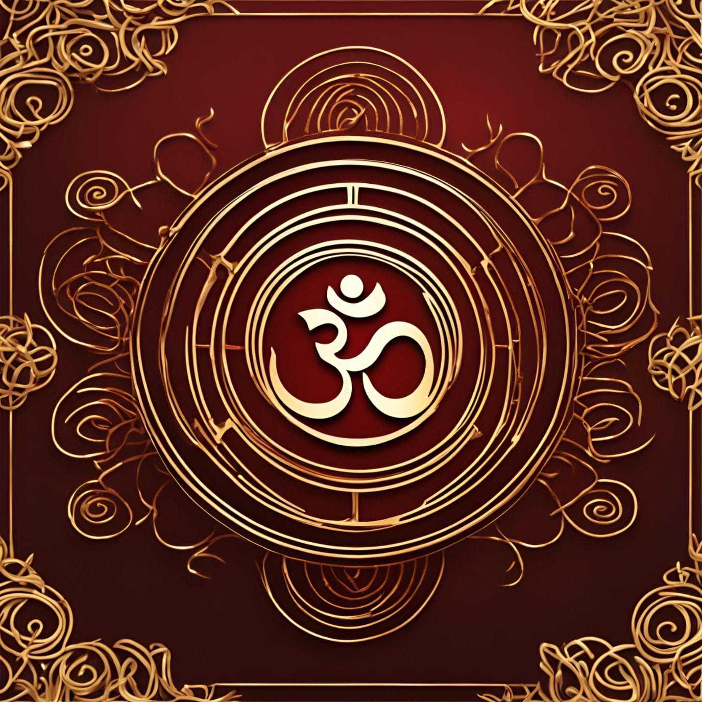 Ornate Om symbol on a decorative red and gold background.